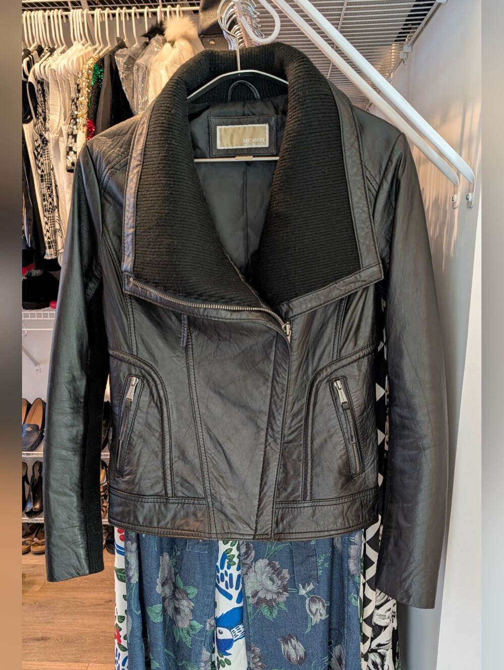 Michael Kors Black Leather Moto Jacket with Ribbed Collar